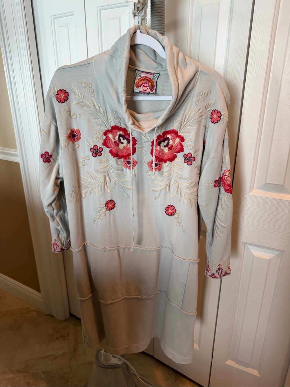 Johnny Was Gray Cowl Neck Dress with Red Floral Embroidery